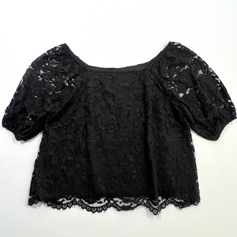 Nanette Lepore Blouse Floral Lace Puff‎ Sleeve Cropped Lined Black Womens XL